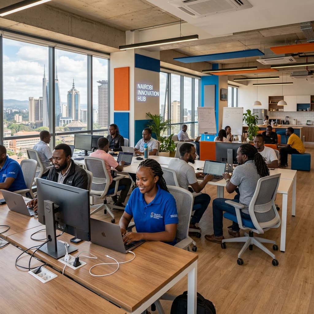 Yagwa Tech Solutions office in Nairobi, Kenya — modern workspace with African professionals